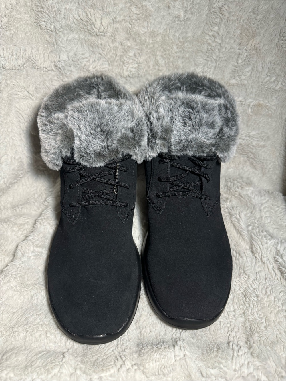 Skechers Black Winter Ankle Boots with Gray Faux-Fur Cuff